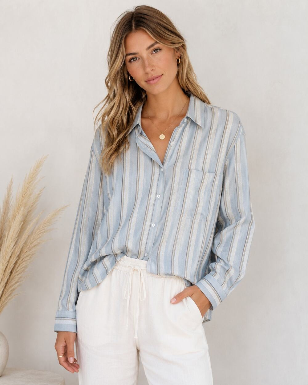 Vince Blue White Striped Button Down Shirt Womens S Linen Blend Casual Summer